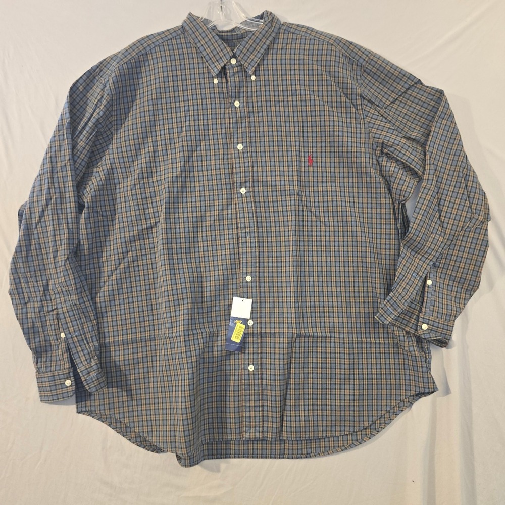 Polo Ralph Lauren Button Down 2XB Men Blue Plaid Long Sleeve Pony Logo Shirt